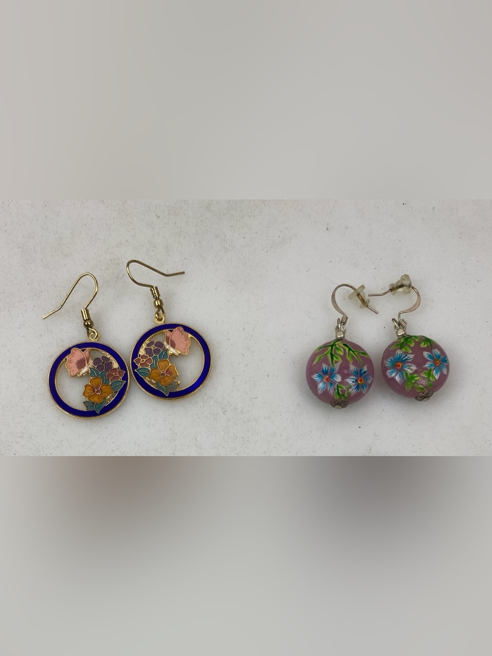 Vintage Cloisonne Butterfly Flower Dangle Earrings Enamel Floral Lot 2